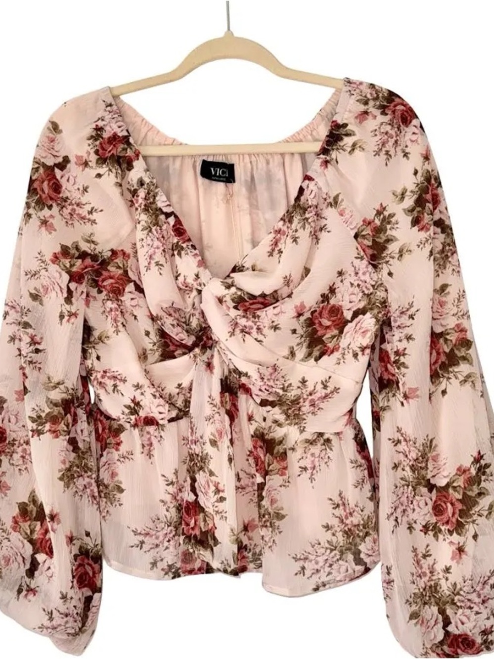 VICI Pink Floral Tie-Front Long Sleeve Blouse
